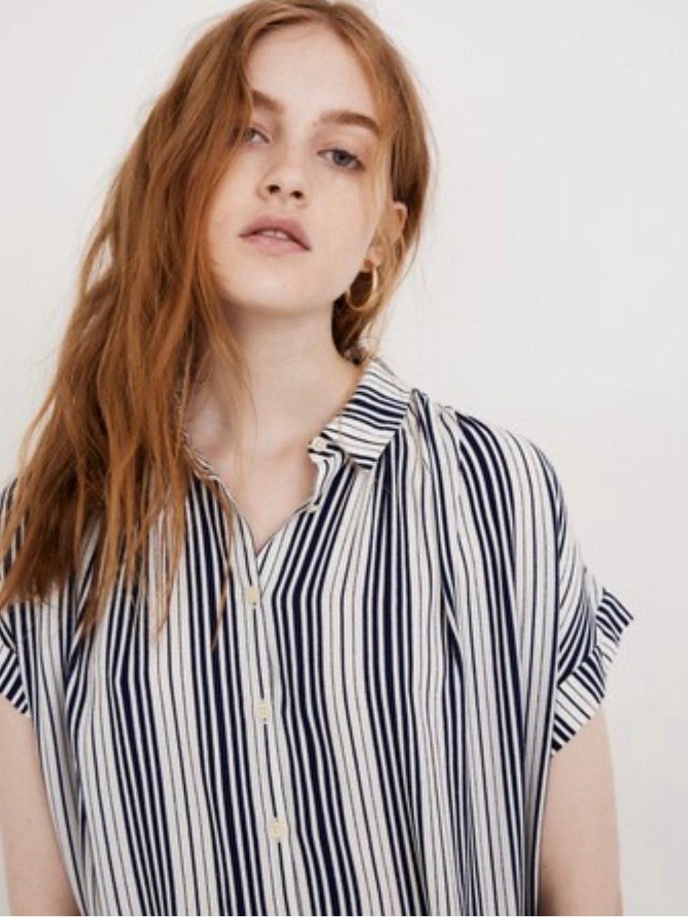 Madewell Navy and White Vertical Stripe Button-Down Top 100% cotton size M